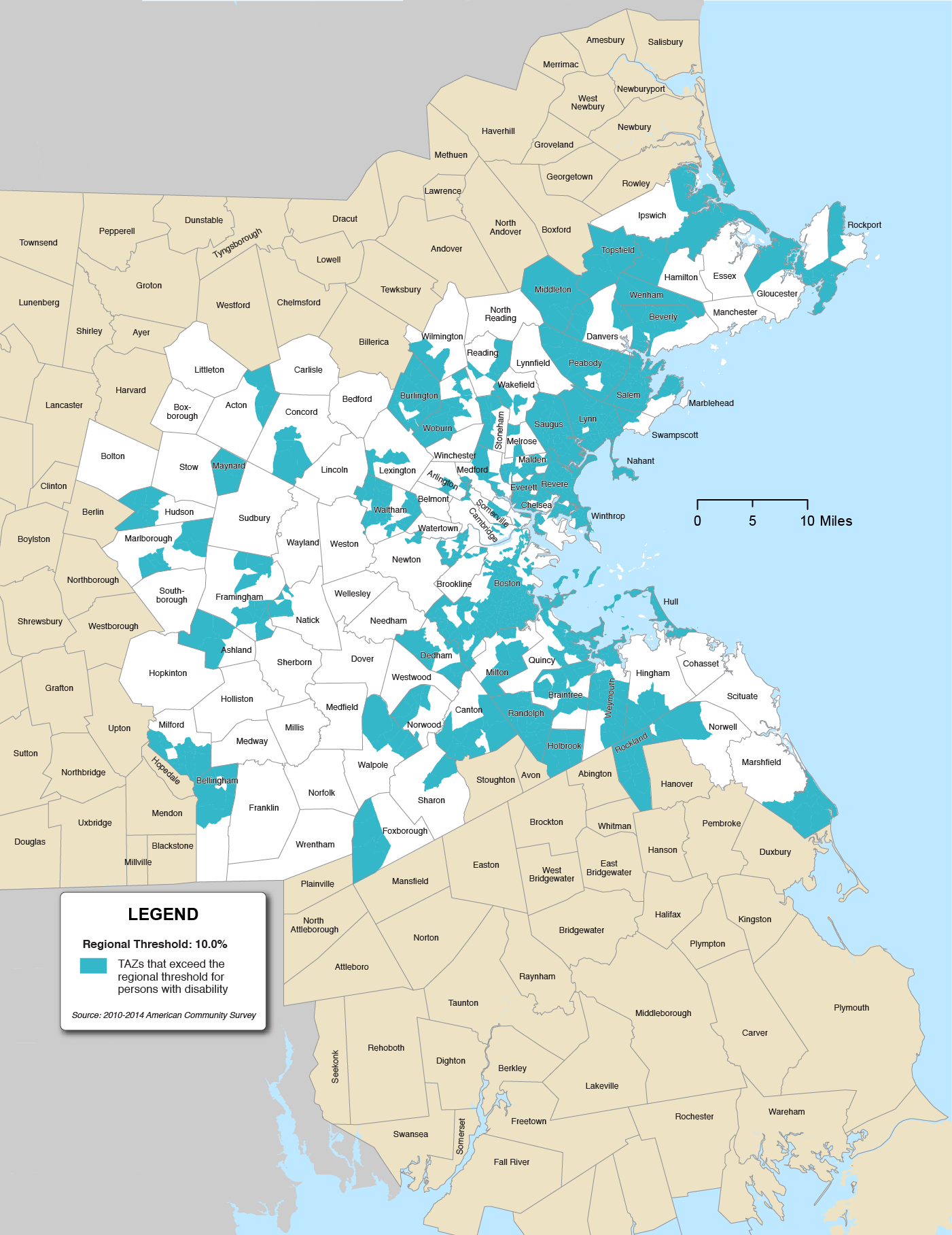 Figure 8-4 is a map of the Boston Region municipalities and the TAZs that exceed the regional threshold for people with a disability highlighted in teal. The Regional Threshold is 10.0%.
